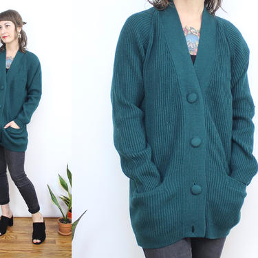 Vintage 90's Green Cardigan / 1990's Button Front Sweater with Pockets / Ribbed / Women's Size Small Medium 
