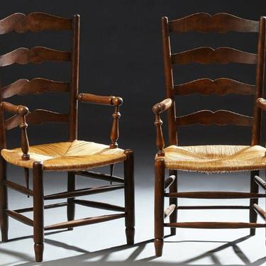 Antique French Provincial Carved Walnut Rush Seat Armchairs Dining Chairs (pair)