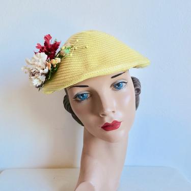 Vintage 1950's Yellow Straw Fascinator Hat with Multicolor Flowers Trim Retro 50's Millinery Spring Summer Rockabilly 