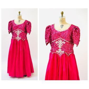 80s Prom Dress Pink Sequin Dress Gown Large XL XXL Plus Size// Vintage 80s Pageant Princess Gown Dress Mike Benet Metallic Party Dress XL 
