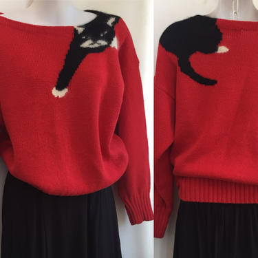 Vintage 80's Novelty BLACK &amp; WHITE TUXEDO Cat Sweater / Cotton and Angora / Hanging Out on Back and Front 