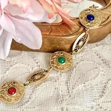 Vintage Links Statement Bracelet, Multi Cabochon, Matte Gold Tone, Ornate 