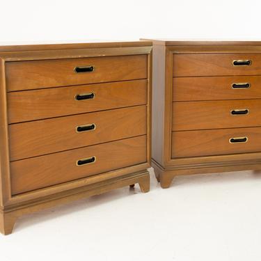 United Mid Century Walnut and Brass 4 Drawer Dresser Chests - Pair - mcm 