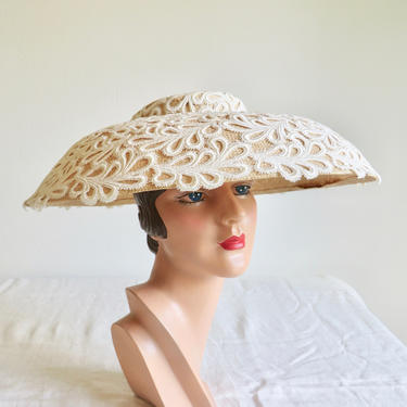 Vintage Eric Javits Natural Straw Wide Brim Hat with White Lace Overlay 1990's Millinery Kentucky Derby Ascot 
