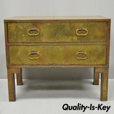 Vintage Sarreid Brass Studded English Campaign Style Two Drawer Commode Chest