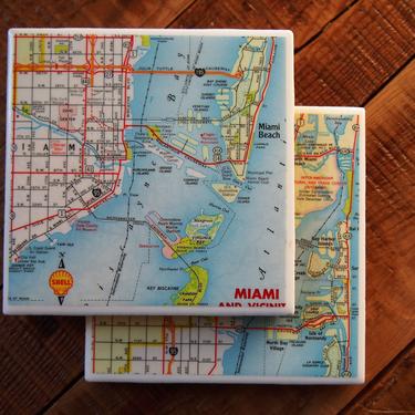 1964 Vintage Miami Florida Map Coaster Set of 2. Miami Map Gift. Housewarming Gift. Miami Beach Map. Florida Décor Coastal. Biscayne Bay. 