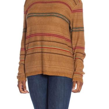 1990S Polo Ralph Lauren Caramel Brown Linen Blend Knit Serape Stripe Sweater 