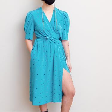 Size M, 1990s Turquoise Wrap Secretary Dress 