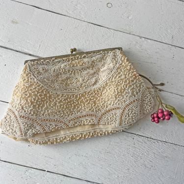 Vintage Hand Beaded Clutch, Vintage Beaded Clutch in White Pearl, Vintage Formal Clutch Perfect for Evening or Wedding, Vintage Accessory 