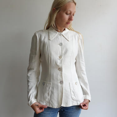 Vintage 40s White Linen Jacket with Cut Shell Buttons/ 1940s Suit Blazer Light Summer Jacket/ Size Medium 