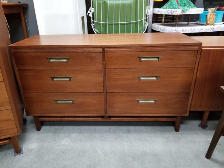 Mid-Century Modern six drawer dresser with campaign style pulls