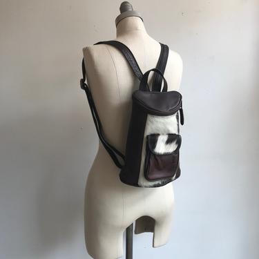 Vintage 90s Leather and Fur Backpack/ Brown Leather Knapsack / Hide On Bag 