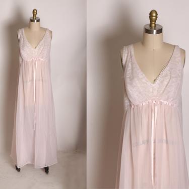 1960s Light Pink and White Sheer Lace Bodice Sleeveless Full Length Night Gown by Vanity Fair -L 