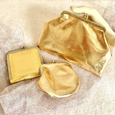 Go For Gold, 3-Pc Metallic Clutch, Coin Purse, Mirror, Vegan Faux Leather, Vintage 50s 60s 