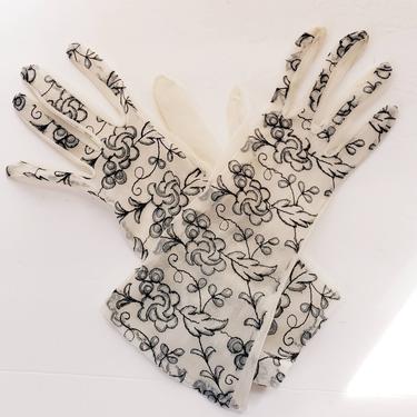 1950s Gloves Sheer Beige Black Floral Embroidery / 50s Ladies Evening Gloves Mid Length Dressy Party Romantic Girly Frilly / Pola 