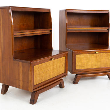 Mid Century Solid Cherry and Cane Extendable Shelf Nightstands - A Pair - mcm 