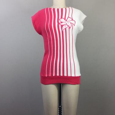 Vintage 80s Knit Sweater Summer Top Pink White Stripe w/ Flower 1980s Aileen 