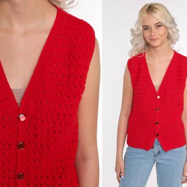 Crochet Vest Red Knit Top 70s Hippie Boho Vest Open Weave Sheer Button up Vest 1970s Vintage Bohemian Sleeveless Sweater Medium 