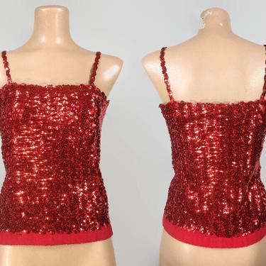 Vintage 1970s Ruby Red Sequin Tank Top Blouse | 70s Glamour Trophy Top | Sexy Sequin Disco Shirt | 70s Glitter Shirt | Studio 54 Style 