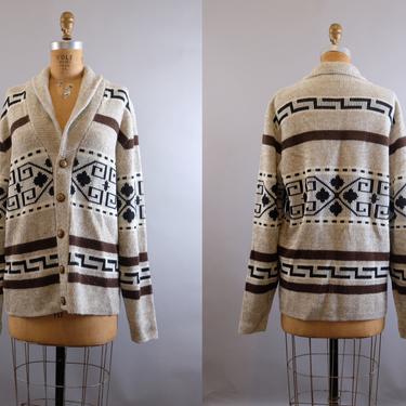 70s Aztec Shawl Cardigan Sweater Large 