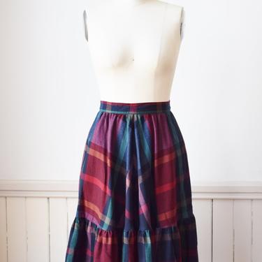 Vintage 1980s Liz Claiborne Madras Plaid Ruffle Skirt | XS | 80s Wool Midi Skirt with Ruffle Hem | Full Sweep | Pockets 