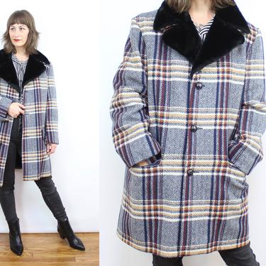 Vintage 70's Blue Plaid Faux Fur Peacoat / 1970's Fully Lined Wool Coat / Jacket / Women's Size Medium Large 