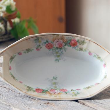 Vintage floral berry bowl  / vintage pink transferware dish / German porcelain dish / antique serving ware / white farmhouse / shabby chic 