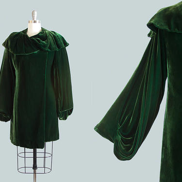 Vintage 1930s Coat | 30s Silk Velvet Dark Green Opera Cloak Ruffled Collar Draped Sleeves Evening Jacket (small/medium) 