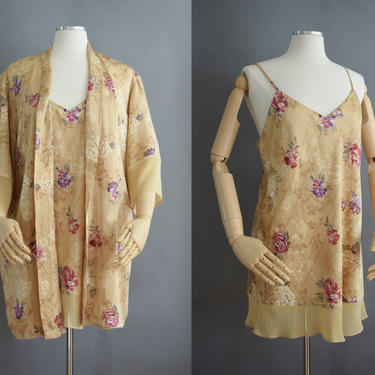 Floral Print Silk Slip Dress and Wrapper Set | Vintage 1990s | Negligee | Kimono 