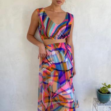 Vintage 1970’s Multicolor Swirl Crop Top &amp; Skirt Set - Summer 70’s Style 
