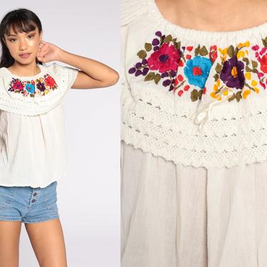 70s white floral mexican blouse embroidered folk blouse puff sleeve boho hippie shirt rainbow flower embroidery bohemian blouse