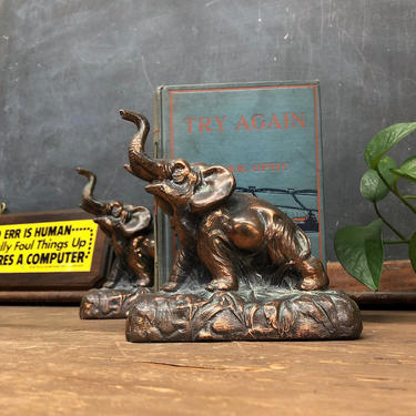 Vintage Bookends Retro 1960s Set of 2 Elephant Bookends + Cast Metal Bronze + Brass Tone + Bookshelf + Animal + Home Styling + Office Decor 