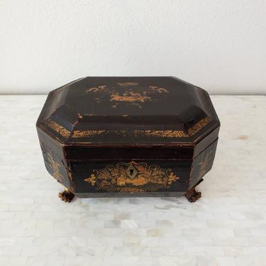 19th Century Chinese Export Twin Canister Tea Caddy, Black Gilt Gold Laqueured Antique Casket Table Box 