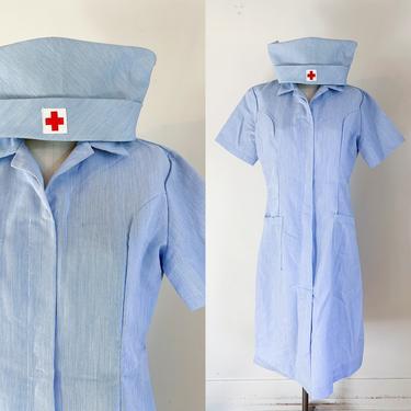 Vintage 1960s Red Cross Nurse Uniform Dress + Hat // M 