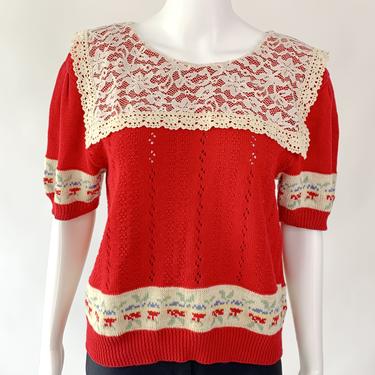 Cherry Red Crochet Collar Sweater