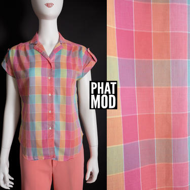 Cute Vintage 70s 80s Preppy Bright Pink Blue Plaid Cotton Blouse Shirt 