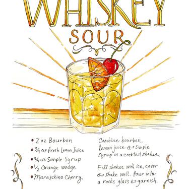 Cocktail Whiskey Sour Illustrated Recipe Art Print