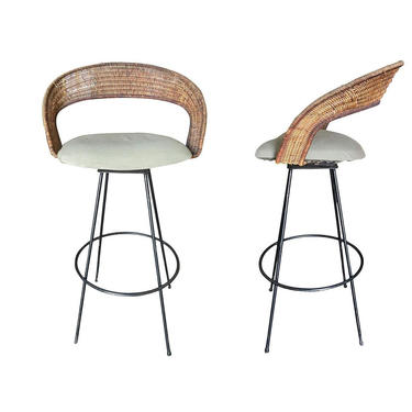Wicker and Iron Swivel Barstools by Arthur Umanoff, Set of Two 