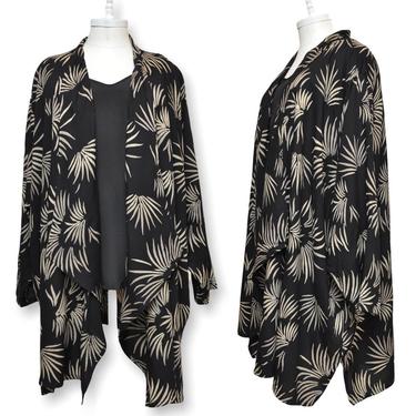Vintage Women’s Plus Size Duster Jacket 100% Rayon Open Front Kimono Jacket Black with Palm Leaf Print O/S plus 