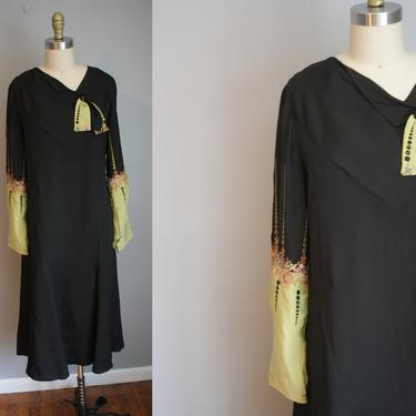AS-IS 1930's Deco Dress // Silk Crepe With Embroidered Bishop Sleeves // M 