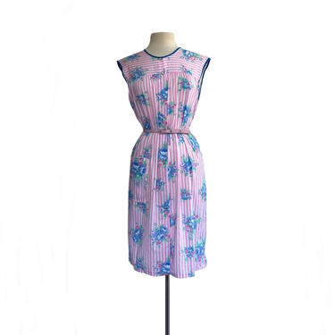 Vintage 90s pink stripe floral summer dress by Woolworth| periwinkle, pink, and azure blue| cotton blend| NWT NOS| M/ L 
