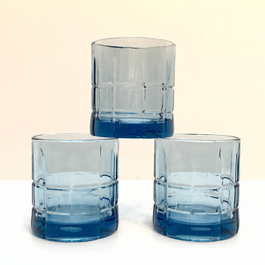 Anchor Hocking Light Blue Tartan Plaid Vintage Glass Tumblers Highball Short Water Glasses (Set of 3) 