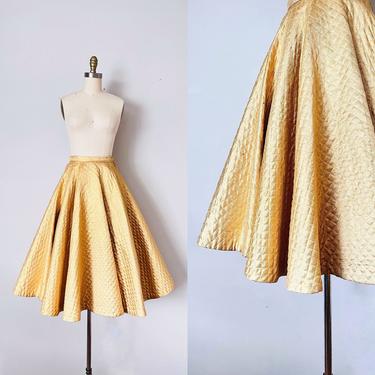 Fligelman 1950s quilted gold circle skirt, high waisted skirt, pinup metallic 50s skirt, rockabilly 