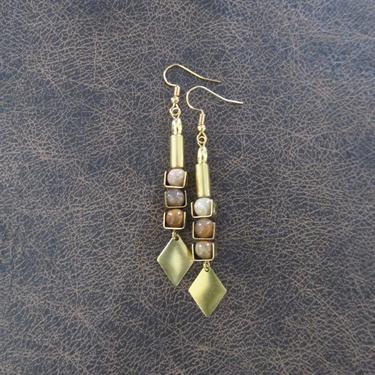Minimalist earrings, brass mid century earrings, statement brutalist earrings, geometric earrings, simple dangle earrings, brown jasper 