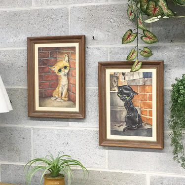 Vintage Cat Prints 1970s Retro Size 16x12 Big Eyes + By Gig + Set of 2 + Sad Kittens + Blonde and Black + Lithographs + Home and Wall Decor 