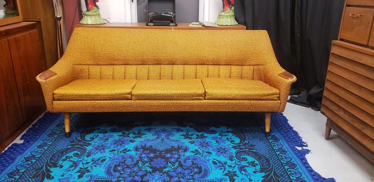 Orange Atomic Mid-century Modern Sofa with Teak Paws
