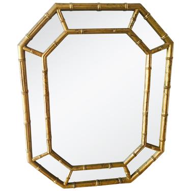 Vintage Hollywood Regency Gold Faux Bamboo Octagon Mirror 