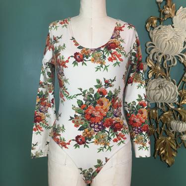 1980s bodysuit, the limited, floral bouquet, scoop neck, vintage bodysuit, snap crotch, size medium, low back, cotton spandex, long sleeve 