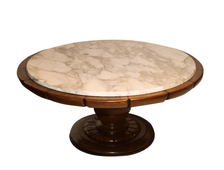 Vintage Walnut Marble Round pedestal Coffee Table 