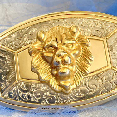 Lion’s Head Belt Buckle, Ornate, Engraved, Sculptural, Leo Zodiac, Vintage 